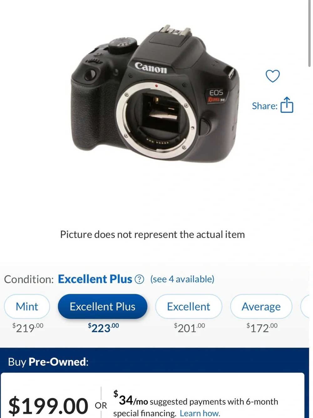 Canon EOS Rebel T6 DSLR Camera Body - Black and Silver Mount